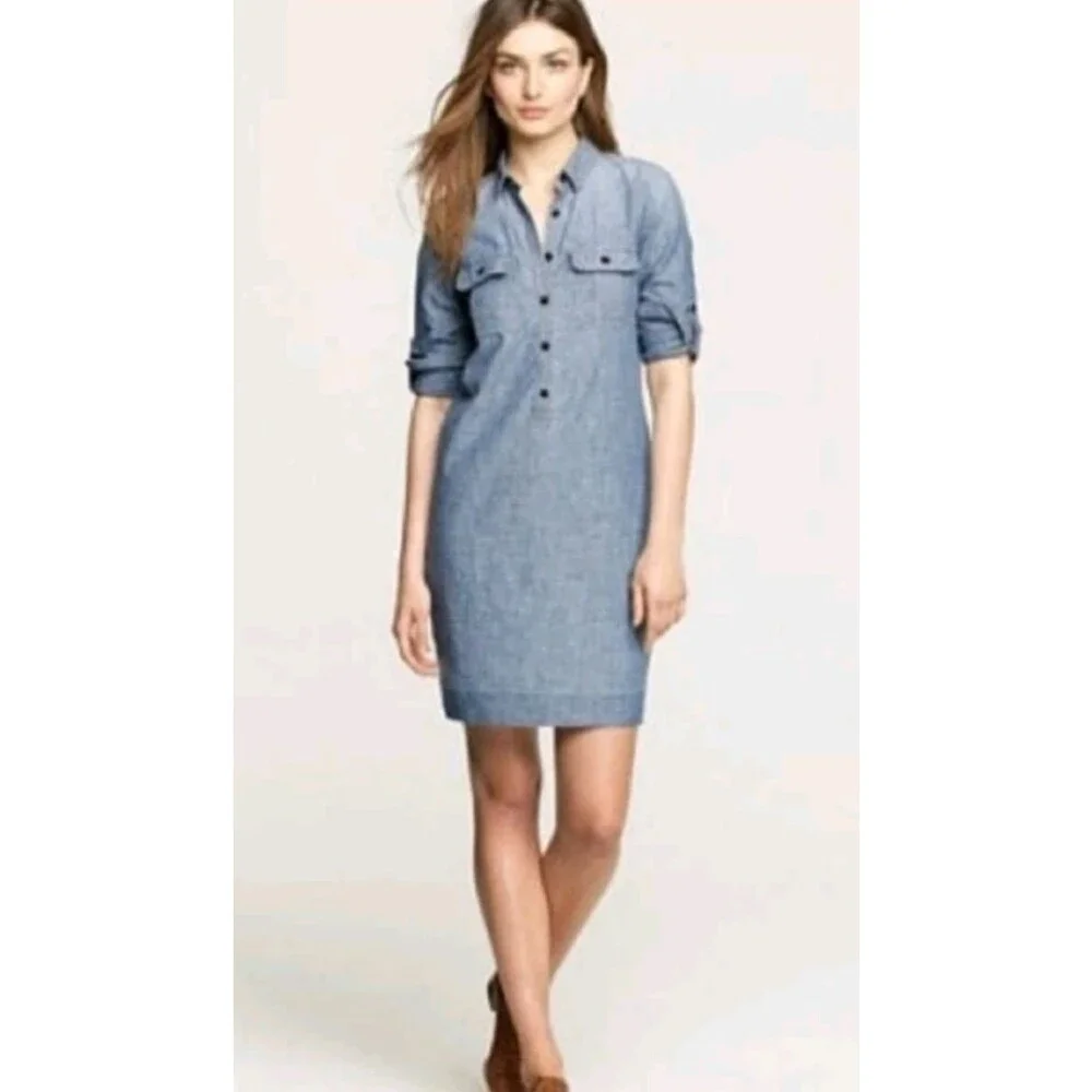 J.Crew Chambray Polkadot Shirt Dress Size S Blue Cotton Roll Tab Long Sleeve